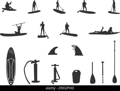 Silhouettes d'équipement de paddleboard, silhouette de paddleboard, silhouettes de paddleboard, svg Paddleboard, vecteur de paddleboard, paddle surfeurs V02. Illustration de Vecteur