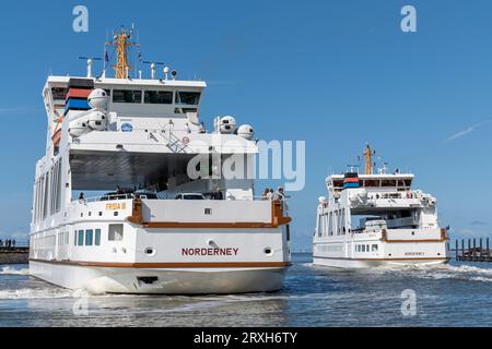 Ferry «Frisia III» dans le port de Norddeich, Allemagne Banque D'Images