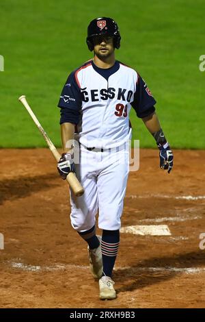 Ostrava, République tchèque. 25 septembre 2023. Petr Zyma de la République tchèque lors du match du Championnat d'Europe de Baseball Grèce vs République tchèque à Ostrava, République tchèque, le 25 septembre 2023. Crédit : Jaroslav Ozana/CTK photo/Alamy Live News Banque D'Images