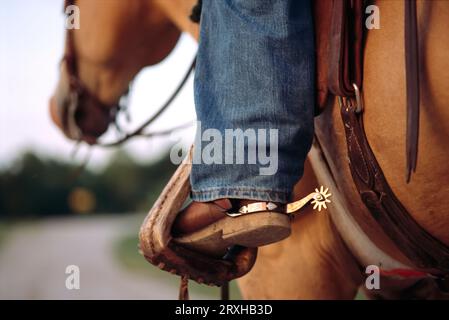 L'éperon doré de cow-boy brille au soleil ; Nebraska, États-Unis d'Amérique Banque D'Images