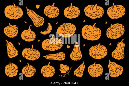 Visages de citrouilles d'halloween d'automne. Ensemble de visages effrayants de citrouilles. Légumes d'halloween d'automne. Illustration vectorielle. Illustration de Vecteur