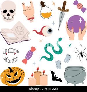 Fête d'Halloween. Trick ou Treat. Bouteille de poison, pot magique, boule de cristal, citrouilles effrayantes, chauve-souris, snake. Joyeux Halloween. Illustration de Vecteur