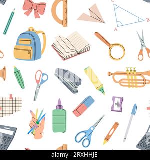 Patron d'accessoires scolaires. Fournitures scolaires arrière-plan. Bannière de retour à l'école. Illustration vectorielle. Illustration de Vecteur