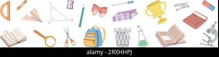Ensemble de fournitures scolaires. Règle de rapporteur, outil de mesure, livres, microscope, tube à essai, crayon, gomme, calculatrice, coupe-trophée, craie. Retour à l'école. Illustration de Vecteur