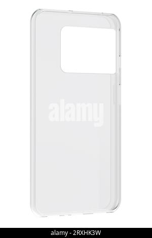 Couvercle transparent en plastique pour smartphone, téléphone portable. Boîtier en plastique pour téléphone portable transparent en silicone, rendu 3D isolé sur fond blanc Banque D'Images