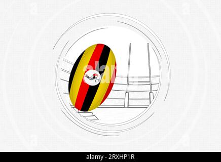 Drapeau de l'Ouganda sur ballon de rugby, icône de rugby en cercle doublé avec ballon dans un stade bondé. Emblème de sport de vecteur sur fond abstrait. Illustration de Vecteur