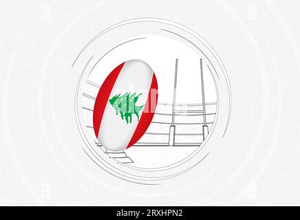 Drapeau du Liban sur ballon de rugby, icône de rugby à cercle doublé avec ballon dans un stade bondé. Emblème de sport de vecteur sur fond abstrait. Illustration de Vecteur