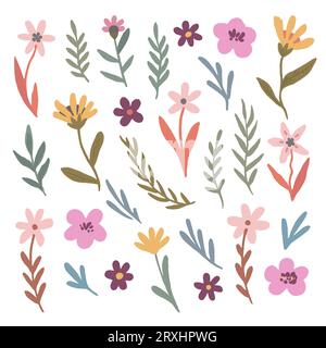 Grand ensemble d'éléments floraux doodle simples. Illustration vectorielle dessinée à la main. Illustration de Vecteur