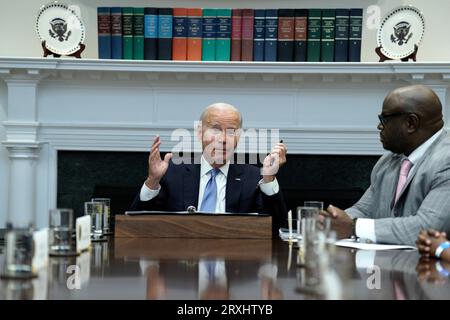 Washington, États-Unis. 25 septembre 2023. Le président AMÉRICAIN Joe Biden organise une réunion sur les collèges et universités historiquement noirs à la Maison Blanche à Washington, DC, le lundi 25 septembre 2023. Photo de Yuri Gripas/UPI crédit : UPI/Alamy Live News Banque D'Images