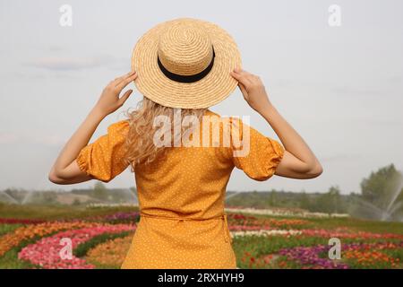 Femme portant un chapeau en osier dans un beau champ de tulipes, vue arrière Banque D'Images