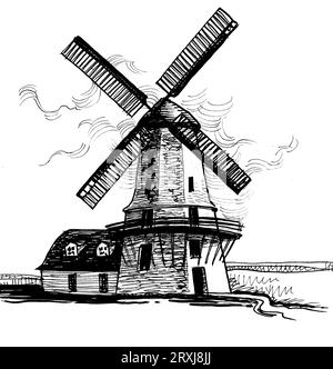 Vieux moulin à vent. Dessin noir et blanc à l'encre Banque D'Images