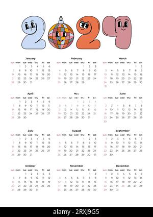 Calendrier 2024, la semaine commence dimanche. Modèle de planificateur d'entreprise dans un style rétro. Conception verticale. Illustration d'art vectoriel. Illustration de Vecteur