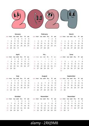 Calendrier 2024, la semaine commence dimanche. Modèle de planificateur d'entreprise dans un style rétro. Conception verticale. Illustration d'art vectoriel. Illustration de Vecteur