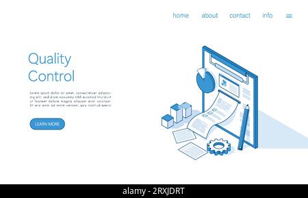 Contrôle de la qualité de la page d'accueil et normalisation des produits manufacturés. Vecteur isométrique. Illustration de Vecteur