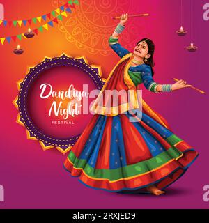 Affiche de nuit Garba pour le festival Navratri Dussehra de l'Inde. Illustration vectorielle des filles jouant la danse Dandiya. Illustration de Vecteur