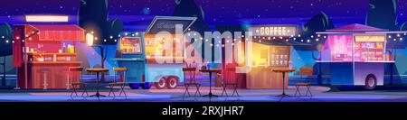 Stands de nourriture de rue et de boissons dans le parc de nuit. Illustration de dessin animé vectoriel de café et de cocktail, kiosque à hamburger, stand de cuisine asiatique dans le jardin public avec des chaises et des tables, décoration lumineuse de guirlande Illustration de Vecteur