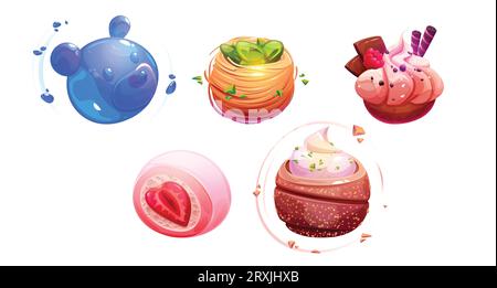 Planètes spatiales fantastiques sous forme de desserts sucrés. Actifs de jeu de dessin animé de sphères de bonbons et de boulangerie avec de la gelée et du chocolat. Boule de confiserie et de pâtisseries sucrées enfantines Galaxy World Elements. Illustration de Vecteur