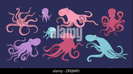 Poulpes de dessins animés en couleur. Animaux invertébrés marins drôles. Coquillages sous-marins mignons avec des tentacules. Faune océanique. Créatures marines. Natation kraken Illustration de Vecteur