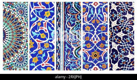 Ensemble de bannières verticales ou horizontales avec détail des murs en mosaïque antique avec ornements floraux et géométriques. Collection d'arrière-plans avec traditio Banque D'Images