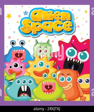 Un groupe d'adorables monstres extraterrestres de différentes couleurs Illustration de Vecteur