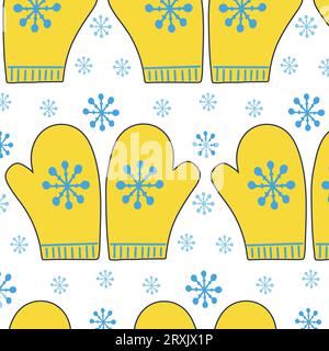 Hiver, moufles jaunes avec un flocon de neige. Illustration sans couture pour tissu, papier d'emballage ou arrière-plan. Style plat Illustration de Vecteur
