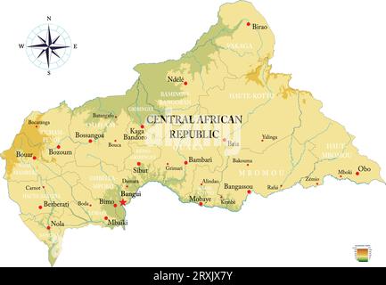Carte physique très détaillée de la République centrafricaine, en format vectoriel, avec toutes les formes de relief, les régions et les grandes villes. Illustration de Vecteur