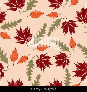 Motif sans couture dessiné à la main avec des feuilles dans des couleurs d'automne. Illustration de Vecteur
