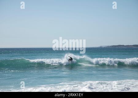 Quelqu'un surfer, un surfeur sur les vagues sous un ciel bleu en été Banque D'Images