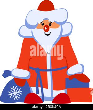 Personnage de dessin animé du Père Noël simplifié avec des cadeaux de Noël. Clipart vectoriel plat isolé sur blanc. Illustration de Vecteur