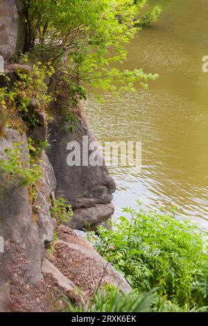 Profil d'une personne sculptée dans la roche sur le lac dans l'arboretum Sofievsky Uman, Ukraine. Photo verticale Banque D'Images