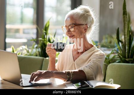 Femme âgée buvant du café et travaillant sur un ordinateur portable assis dans un café Banque D'Images