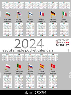 Ensemble horizontal et vertical de calendriers de poche pour 2024 (deux mille vingt-quatre). La semaine commence lundi. Nouvel an. Conception simple de couleur. Vecteur Illustration de Vecteur