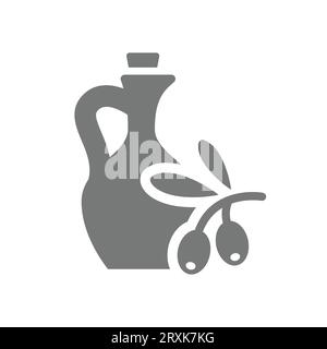 Huile d'olive avec icône vectorielle de branche d'olives. Carafe, distributeur ou vieille bouteille rétro. Illustration de Vecteur