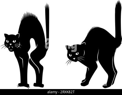 Scared Cats silhouettes. Chat noir de sorcière. Dessins animés et versions réalistes. Cliparts vectorielles isolées sur blanc. Illustration de Vecteur