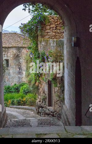 Arche de rue médiévale à provance. Architecture européenne ancienne. Charmante porte de château en briques avec fleurs et plantes et lanterne. Voyage romantique. Banque D'Images