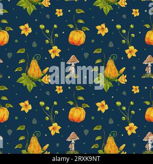 Motif d'automne aquarelle avec des citrouilles et des champignons. Fleurs de citrouille, feuilles et brindilles sur fond bleu foncé. Banque D'Images