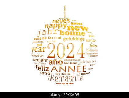 carte de voeux de nuage de mots de texte multilingue de nouvel an 2024 en forme de boule de noël isolé sur fond blanc Banque D'Images