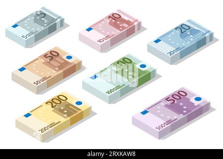 Piles isométriques de billets de banque en coupures de 5,10, 20, 50, 100, 200 et 500 euros sur fond blanc. Papier-monnaie de l'Union européenne cinq, dix Illustration de Vecteur