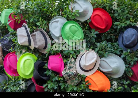 image abstraite de coiffures ou de chapeaux colorés sur un arbre en vente dans une boutique de souvenirs grecs ou de touristes Banque D'Images