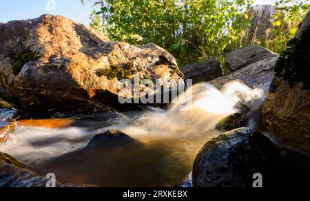 26 septembre 2023, Saxe-Anhalt, Hasserode : l'eau ondule à la lumière du soleil levant dans un ruisseau dans le district de Harz. (Prise avec une vitesse d'obturation lente) photo : Julian Stratenschulte/dpa Banque D'Images