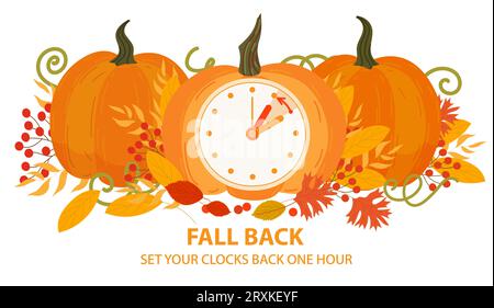Bannière de concept de temps de repli. Citrouilles avec horloge sur le fond d'automne. Les poignées de l'horloge tournent de nouveau sur l'heure. Rappel de fin de l'heure d'été. Illustration de Vecteur