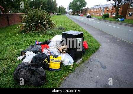 Des tas de déchets ménagers sont jetés autour d'une poubelle commune. Les habitants d'une ville galloise ont eu recours à déverser leurs ordures dans les rues et autour des poubelles communales alors que la deuxième de deux grèves de collecte des déchets a frappé la région. Les collectes de déchets sont frappées à Wrexham, au nord du pays de Galles, pendant trois semaines supplémentaires après une action antérieure qui n'avait vu aucune collecte de déchets depuis le début du mois de septembre. Les travailleurs des conseils dans toute la région font grève pour obtenir de meilleurs salaires et de meilleures conditions. Les membres du syndicat de trois autorités locales galloises prennent des mesures qui affectent une masse de services à travers le pays Banque D'Images