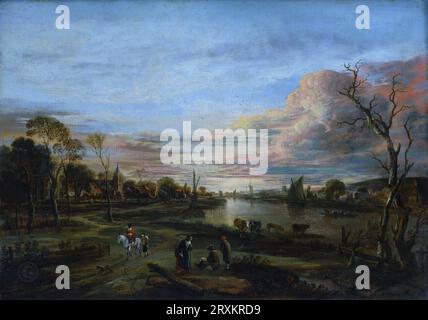 Aert van der Neer - Paysage au coucher du soleil Aert van der Neer : Néerlandais, Gorinchem 1603/4–1677 Amsterdam années 1650 ; huile sur toile ; 20 x 28 1/8 po. (50,8 x 71,4 cm) Banque D'Images