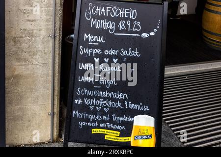 Un tableau noir affiche le menu du jour du festival pendant la Schafscheid à Jaun : soupe ou salade, ragoût d'agneau ou gigot d'agneau, rôti de porc avec purée de pommes de terre et légumes, et meringues avec crème double et fruits. La date manuscrite "Montag 18.9.23" confirme le jour de l'événement. La Schafscheid est une tradition vieille de plus de 400 ans, au cours de laquelle plus de 450 moutons sont conduits chaque année de l'alpe vers le village le lundi suivant l'Eidgenössische Bettag (Jour de prière suisse) en septembre, dans le canton de Fribourg, Suisse. Banque D'Images