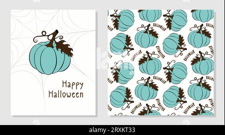 Halloween Set affiche Happy Halloween avec citrouille dessinée à la main et motif avec citrouilles brunes bleues et lettrage. Illustration vectorielle Illustration de Vecteur