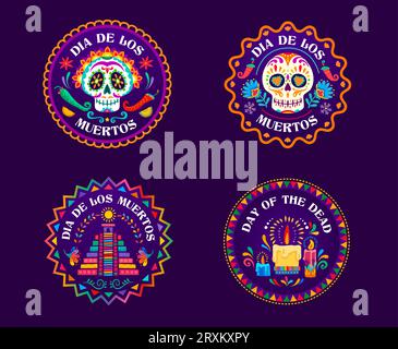 Day of the Dead Dia de Los Muertos étiquettes et bannières mexicaines de cercle de vacances. Vecteurs Calavera crânes de sucre, bougies et pyramide aztèque, fleurs de bande dessinée et poivrons étiquettes rondes avec ornement latin Illustration de Vecteur