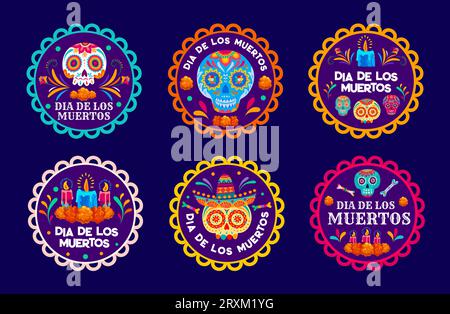 Étiquettes de vacances mexicaines Day of the Dead, étiquettes de cercle Dia de Los Muertos. Crânes de sucre de dessin animé, bougies et fleurs de souci vecteurs badges ronds avec motif floral ethnique, ensemble de bannières d'Halloween Mexique Illustration de Vecteur