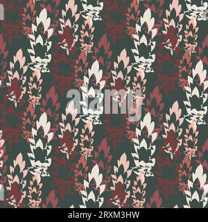 Fond de motif vectoriel sans couture de feuille de style moderne du milieu du siècle. Toile de fond de feuilles mélangées texturales. Effet rayé diagonal. Rouge vert blanc botanique Illustration de Vecteur