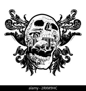 T-shirt design de deux crânes et arabesques en noir et blanc. Illustration vectorielle bonne pour les tatouages sataniques. Illustration de Vecteur