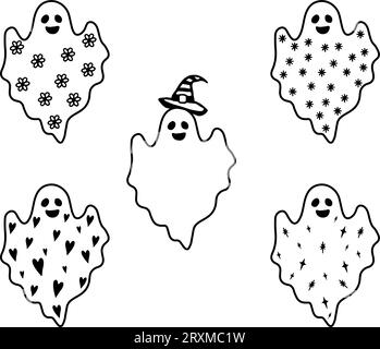 Ensemble de fantôme mignon. Collection d'esprit volant avec chapeau de sorcière, fleurs, flocons de neige, étoiles. Symbole Halloween. Boo. Illustration vectorielle Illustration de Vecteur